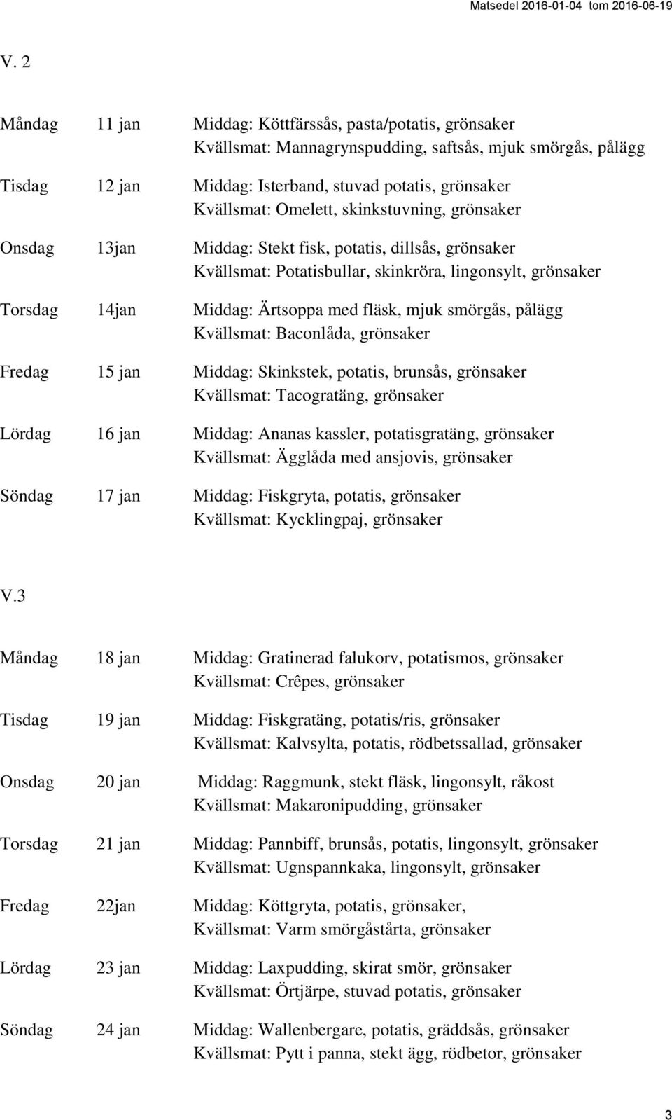 mjuk smörgås, pålägg Kvällsmat: Baconlåda, grönsaker Fredag 15 jan Middag: Skinkstek, potatis, brunsås, grönsaker Kvällsmat: Tacogratäng, grönsaker Lördag 16 jan Middag: Ananas kassler,