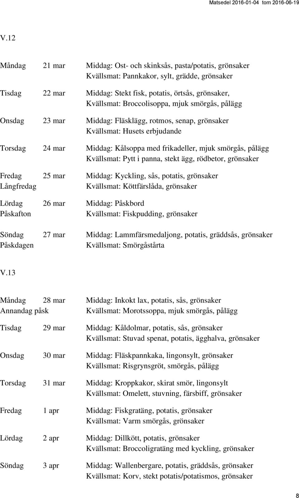 rödbetor, grönsaker Fredag 25 mar Middag: Kyckling, sås, potatis, grönsaker Långfredag Kvällsmat: Köttfärslåda, grönsaker Lördag 26 mar Middag: Påskbord Påskafton Kvällsmat: Fiskpudding, grönsaker