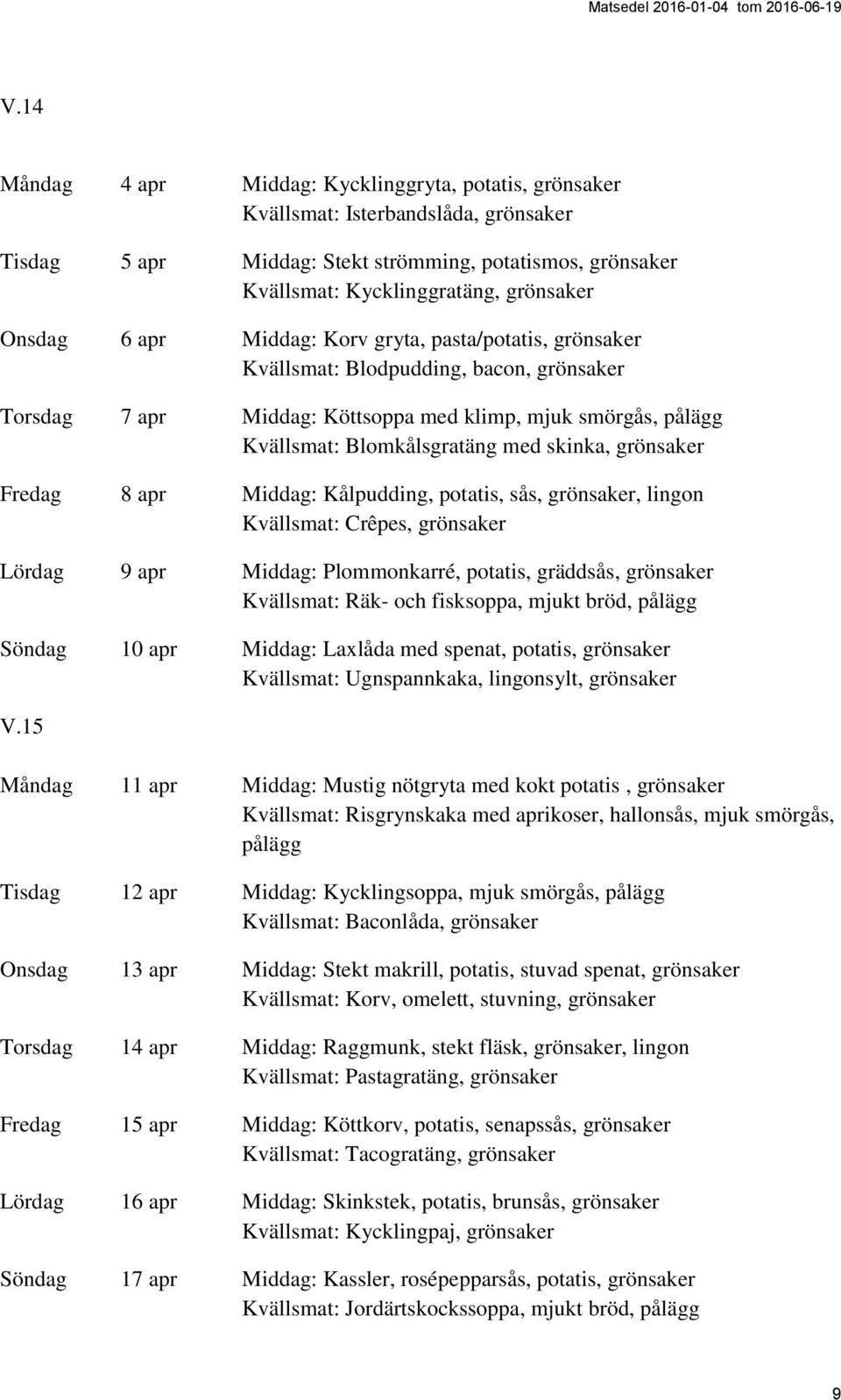 skinka, grönsaker Fredag 8 apr Middag: Kålpudding, potatis, sås, grönsaker, lingon Kvällsmat: Crêpes, grönsaker Lördag 9 apr Middag: Plommonkarré, potatis, gräddsås, grönsaker Kvällsmat: Räk- och