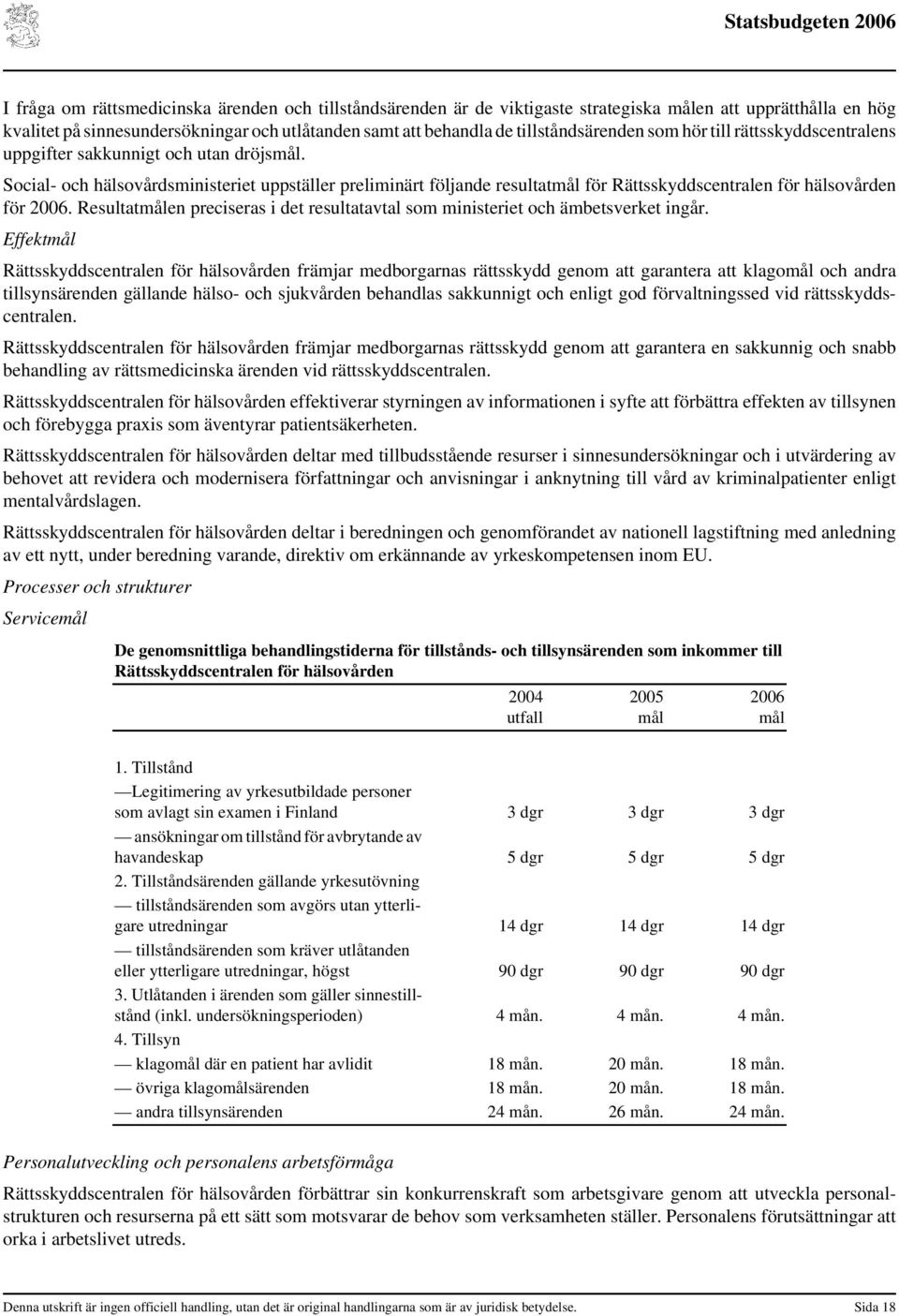 Social- och hälsovårdsministeriet uppställer preliminärt följande resultatmål för Rättsskyddscentralen för hälsovården för 2006.