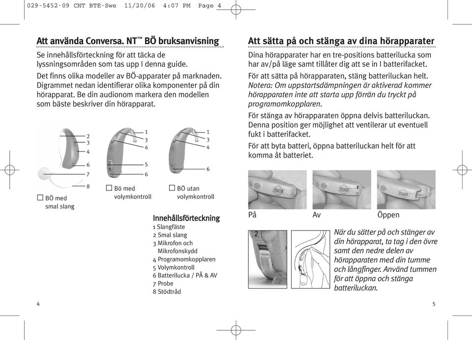 Det finns olika modeller av BÖ-apparater på marknaden. Digrammet nedan identifierar olika komponenter på din hörapparat. Be din audionom markera den modellen som bäste beskriver din hörapparat.