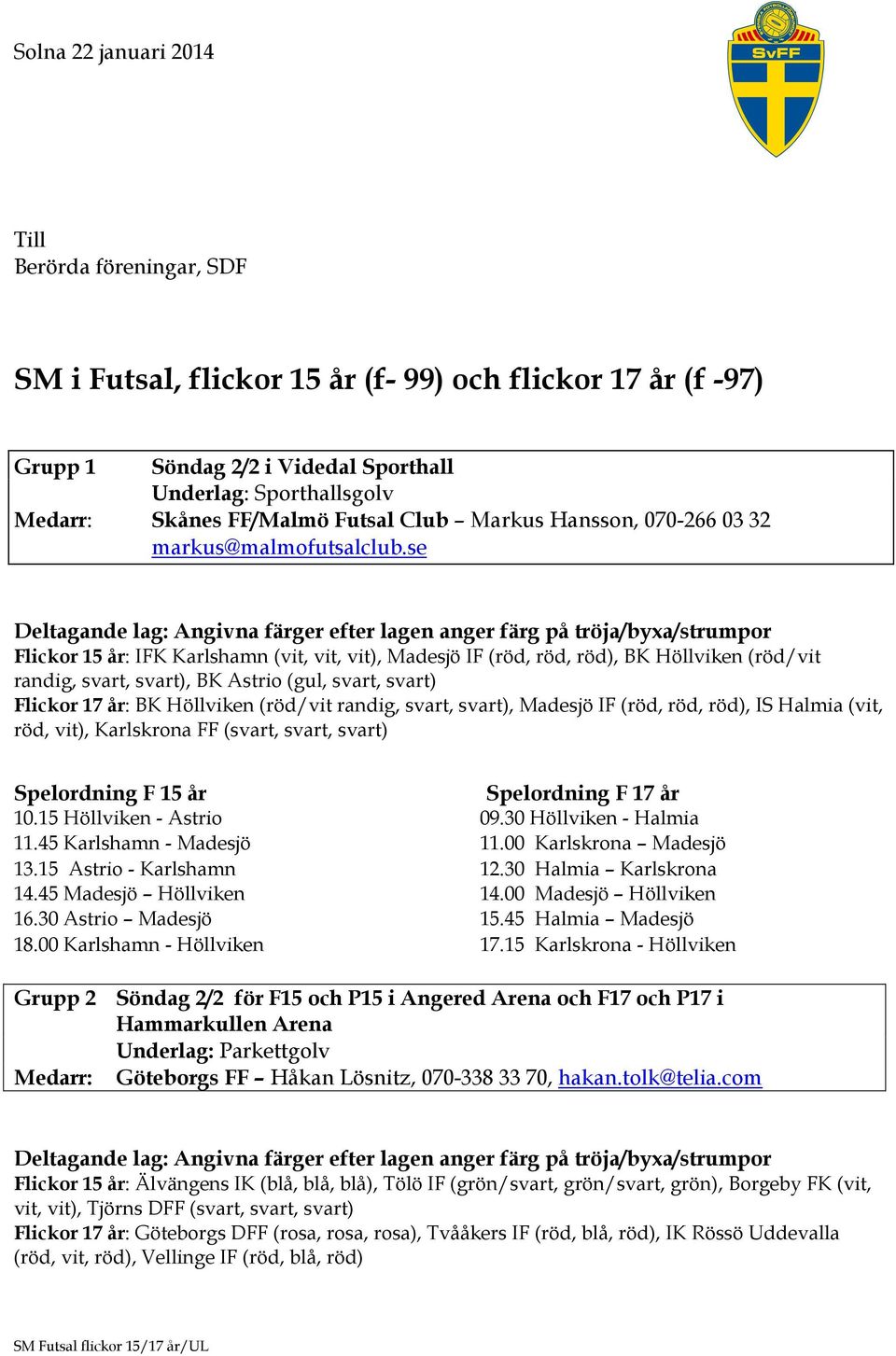 se Flickor 15 år: IFK Karlshamn (vit, vit, vit), Madesjö IF (röd, röd, röd), BK Höllviken (röd/vit randig, svart, svart), BK Astrio (gul, svart, svart) Flickor 17 år: BK Höllviken (röd/vit randig,