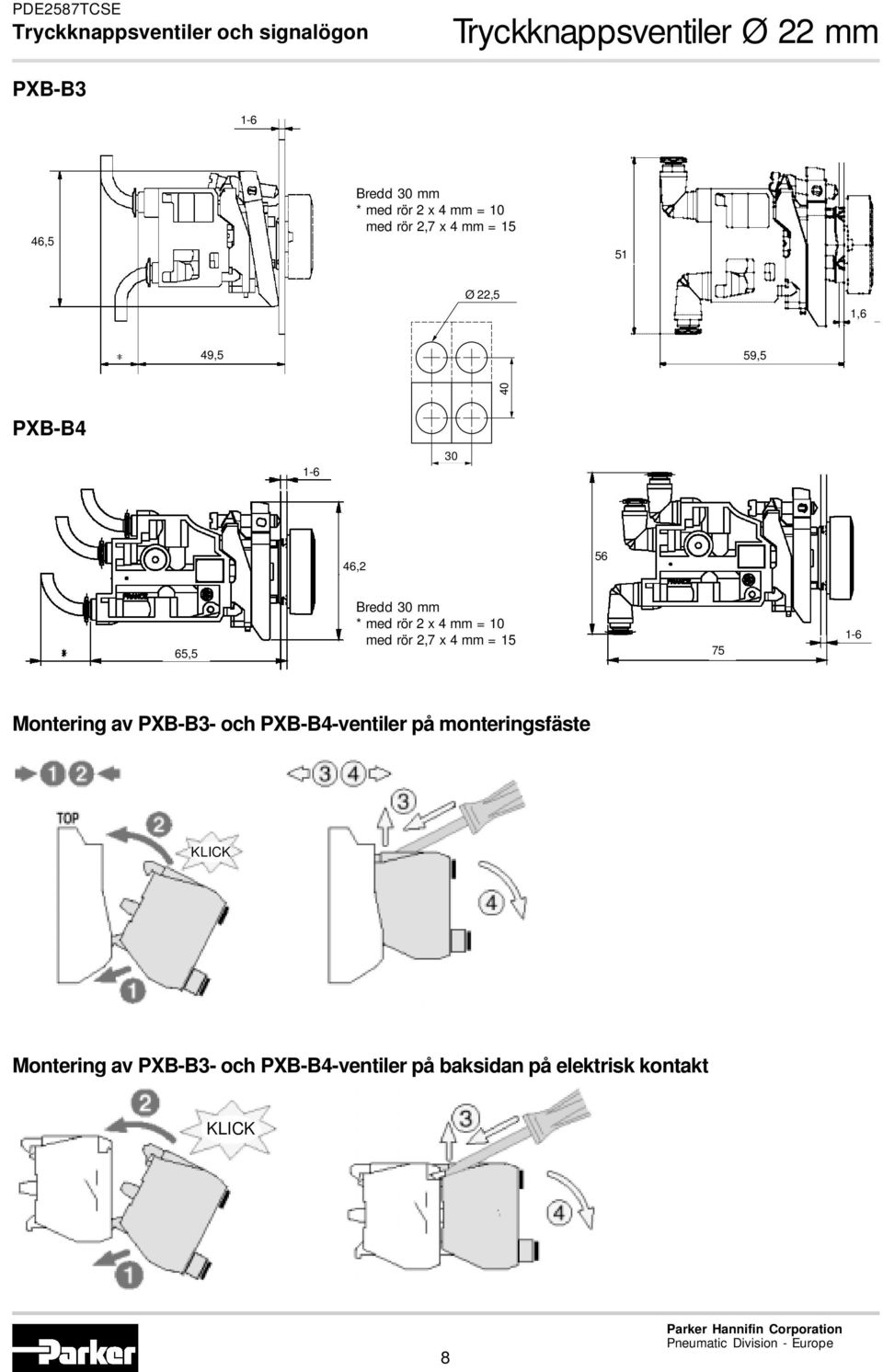 med rör 2 x 4 mm = 10 med rör 2,7 x 4 mm = 15 75 1-6 Montering av PXB-B3- och PXB-B4-ventiler på