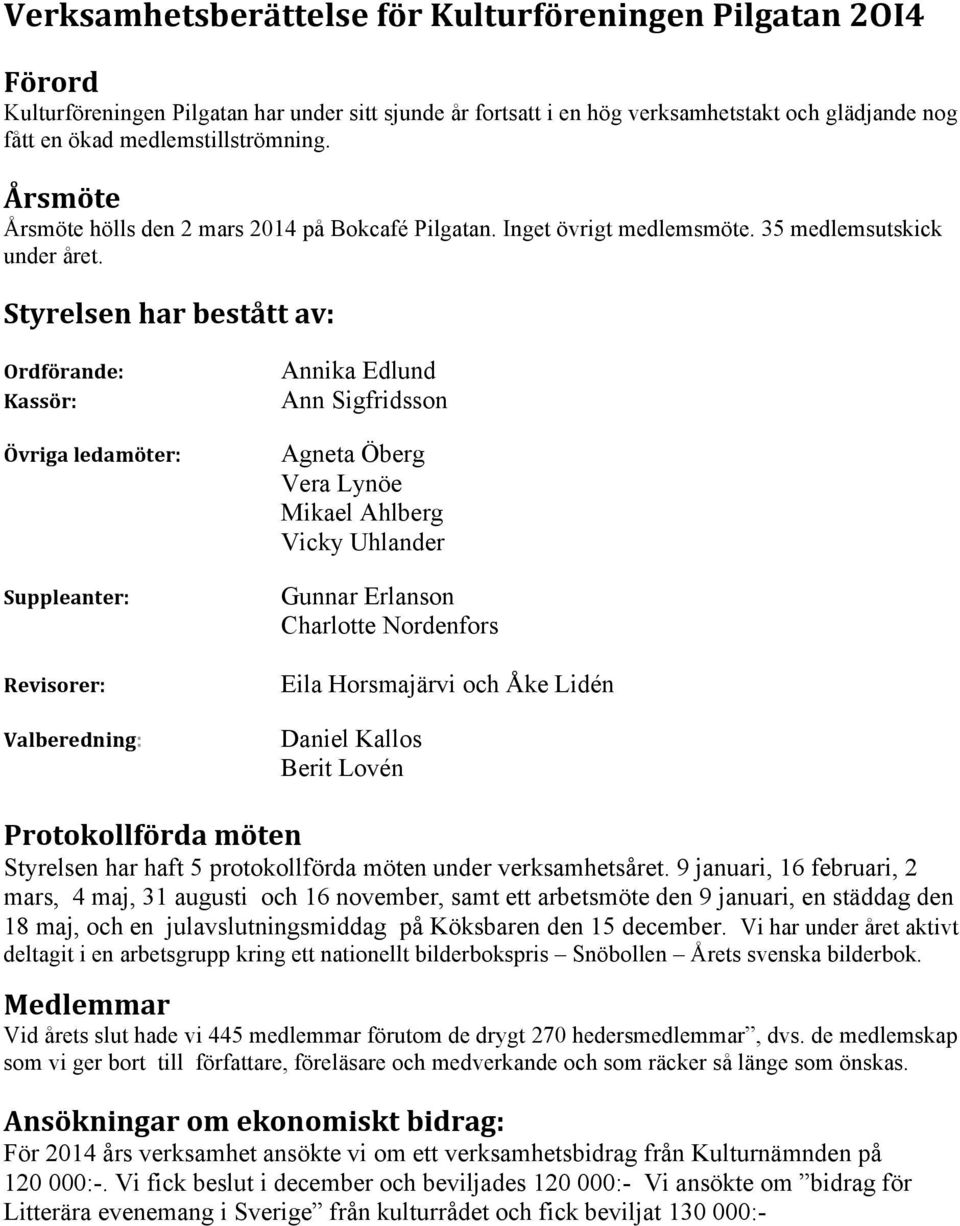 Styrelsen har bestått av: Ordförande: Kassör: Övriga ledamöter: Suppleanter: Revisorer: Valberedning: Annika Edlund Ann Sigfridsson Agneta Öberg Vera Lynöe Mikael Ahlberg Vicky Uhlander Gunnar