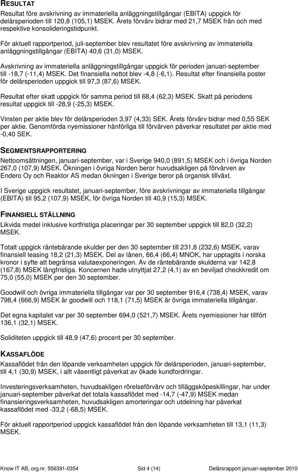 För aktuell rapportperiod, juli-september blev resultatet före avskrivning av immateriella anläggningstillgångar (EBITA) 40,6 (31,0) MSEK.