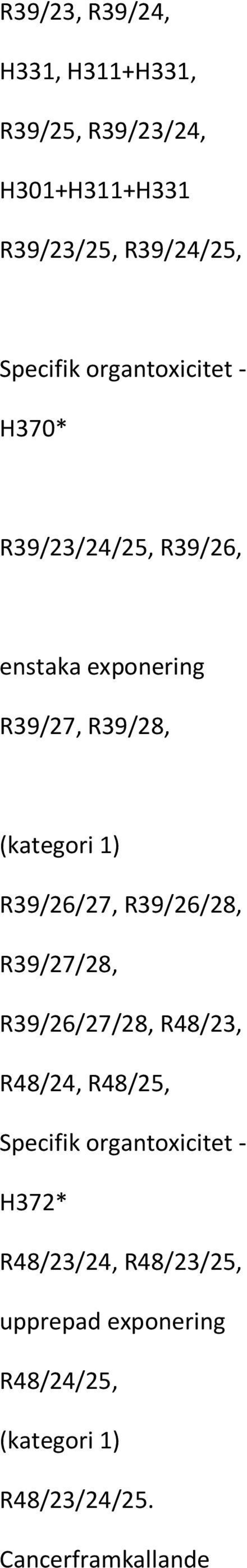 R39/26/27, R39/26/28, R39/27/28, R39/26/27/28, R48/23, R48/24, R48/25, Specifik organtoxicitet -