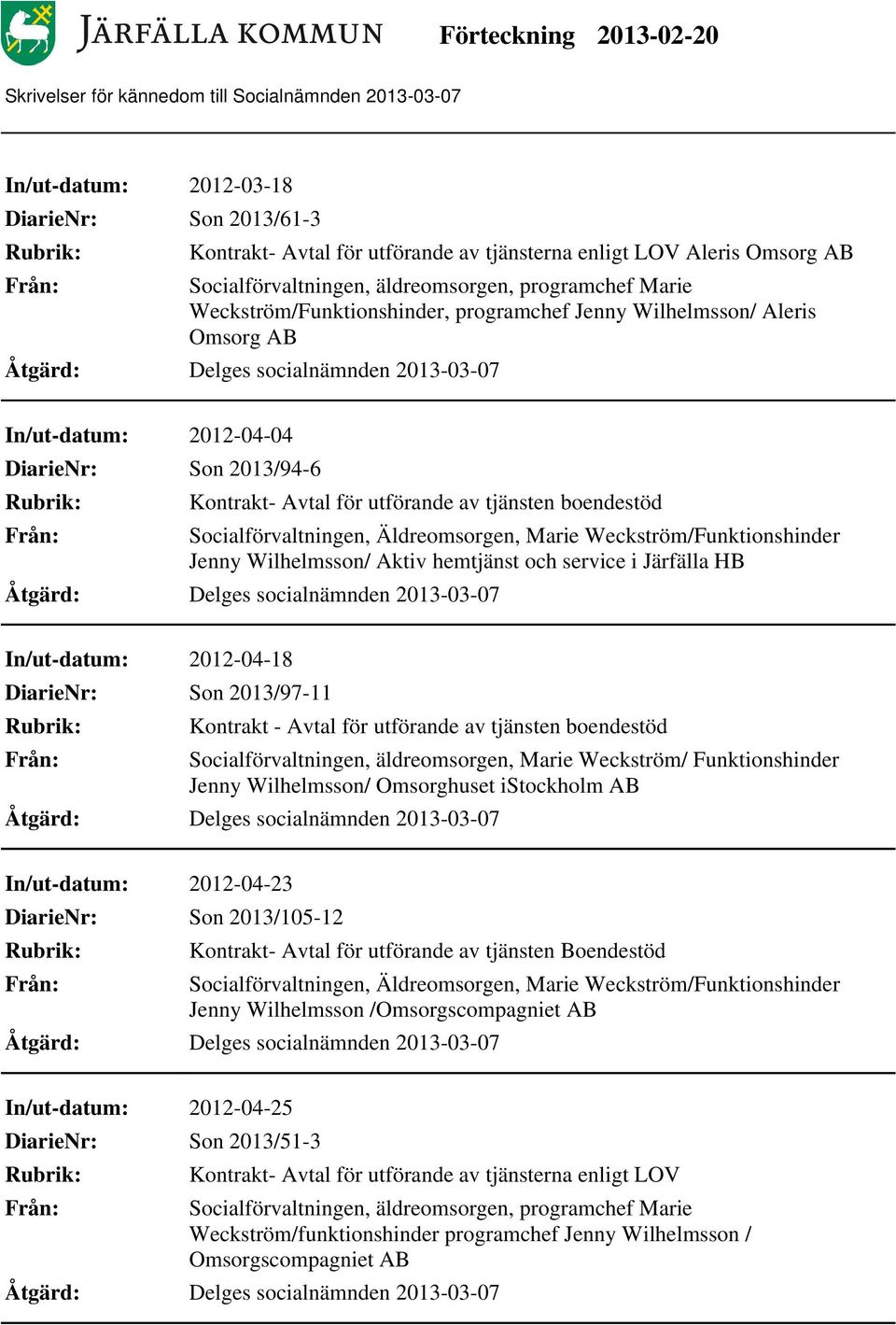 hemtjänst och service i Järfälla HB In/ut-datum: 2012-04-18 Son 2013/97-11 Kontrakt - Avtal för utförande av tjänsten boendestöd, äldreomsorgen, Marie Weckström/ Funktionshinder Jenny Wilhelmsson/