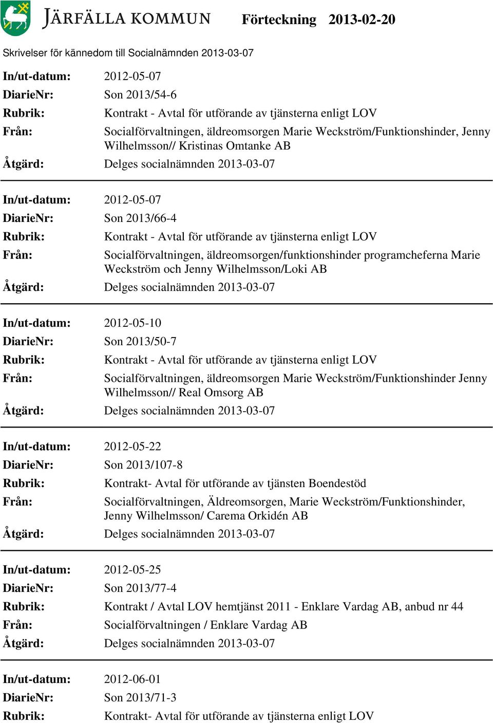 Son 2013/50-7 Kontrakt - Avtal för utförande av tjänsterna enligt LOV, äldreomsorgen Marie Weckström/Funktionshinder Jenny Wilhelmsson// Real Omsorg AB In/ut-datum: 2012-05-22 Son 2013/107-8