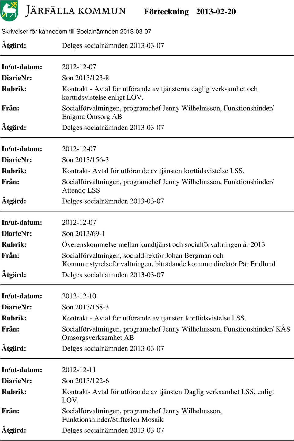 Attendo LSS In/ut-datum: 2012-12-07 Son 2013/69-1 Överenskommelse mellan kundtjänst och socialförvaltningen år 2013, socialdirektör Johan Bergman och Kommunstyrelseförvaltningen, biträdande