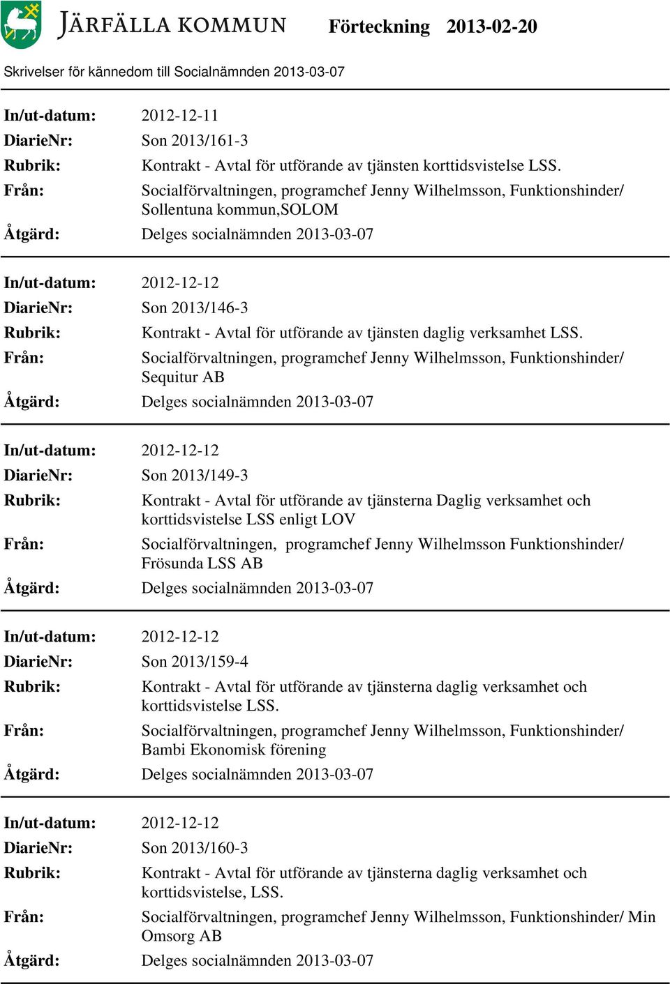 Sequitur AB In/ut-datum: 2012-12-12 Son 2013/149-3 Kontrakt - Avtal för utförande av tjänsterna Daglig verksamhet och korttidsvistelse LSS enligt LOV, programchef Jenny Wilhelmsson