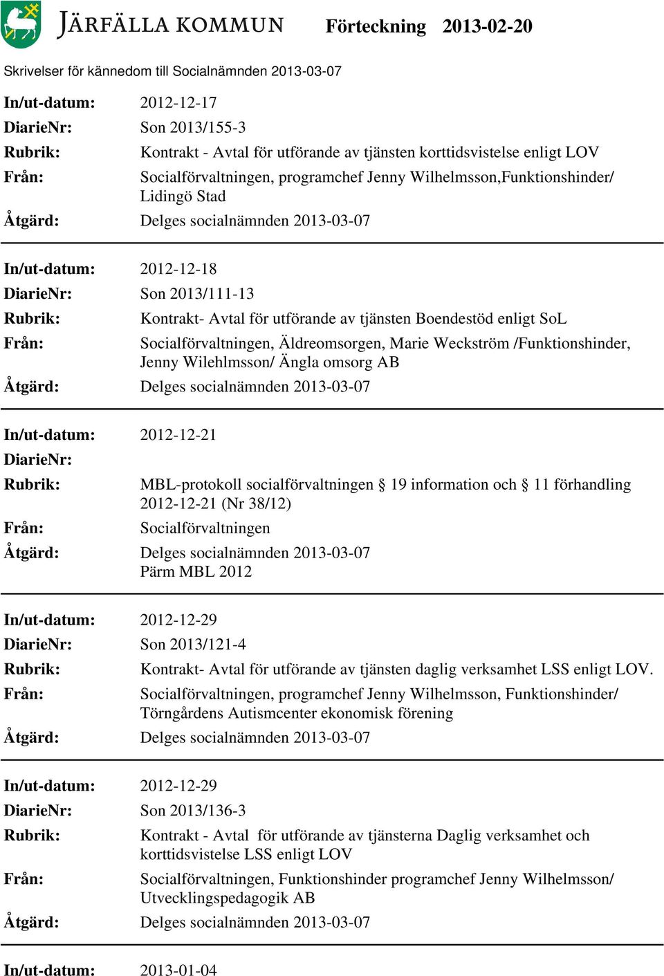 socialförvaltningen 19 information och 11 förhandling 2012-12-21 (Nr 38/12) Pärm MBL 2012 In/ut-datum: 2012-12-29 Son 2013/121-4 Kontrakt- Avtal för utförande av tjänsten daglig verksamhet LSS enligt