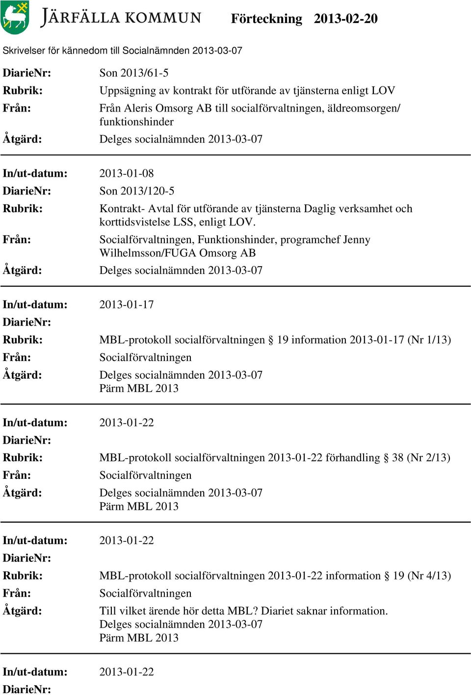 , Funktionshinder, programchef Jenny Wilhelmsson/FUGA Omsorg AB In/ut-datum: 2013-01-17 MBL-protokoll socialförvaltningen 19 information 2013-01-17 (Nr 1/13) Pärm MBL 2013 In/ut-datum: