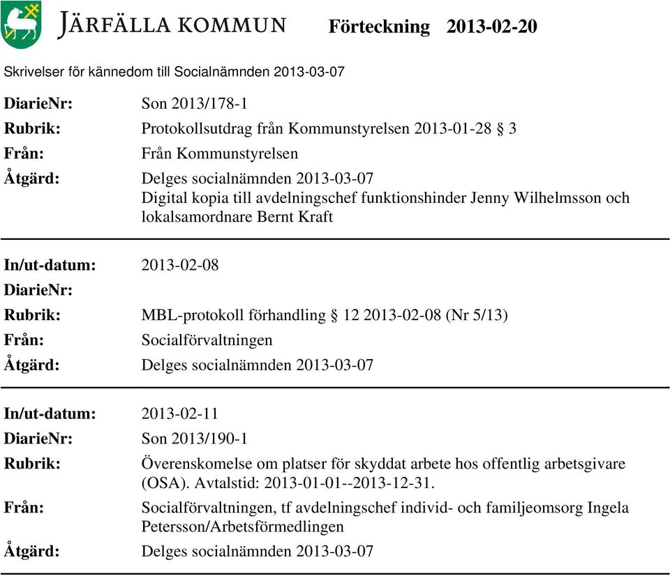2013-02-08 (Nr 5/13) In/ut-datum: 2013-02-11 Son 2013/190-1 Överenskomelse om platser för skyddat arbete hos offentlig