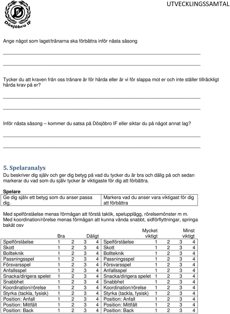 Spelaranalys Du beskriver dig själv och ger dig betyg på vad du tycker du är bra och dålig på och sedan markerar du vad som du själv tycker är viktigaste för dig att förbättra.