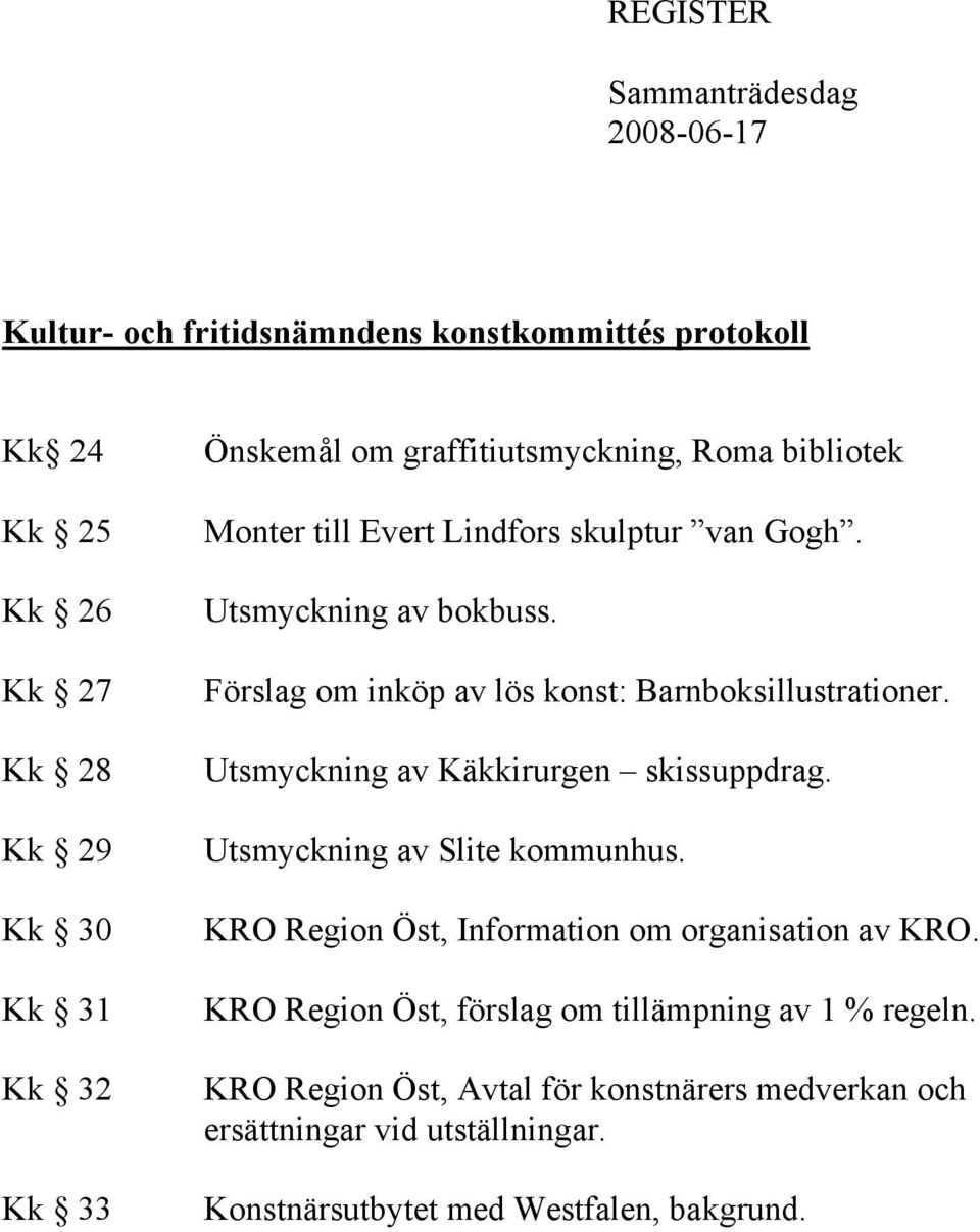 Förslag om inköp av lös konst: Barnboksillustrationer. Utsmyckning av Käkkirurgen skissuppdrag. Utsmyckning av Slite kommunhus.