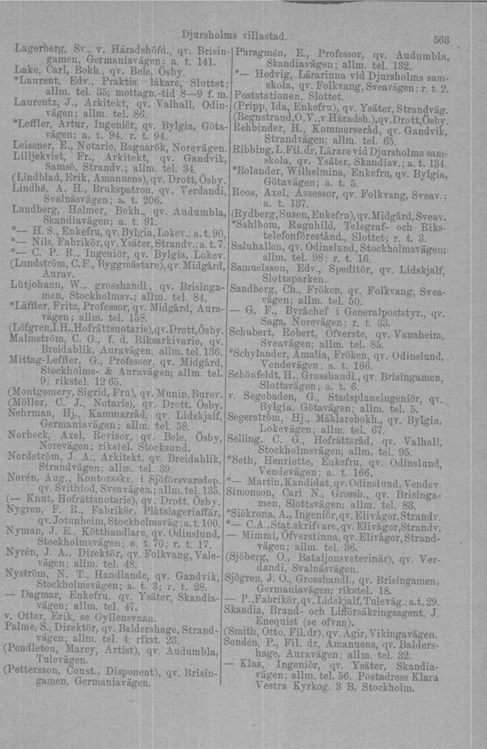 , Arkitekt, qv. Valhall, Odin- (Pripp, Ida, nkefru),..qv. Ysäter, Strandväg. vagen; al1m. tel. 86. (Regnstrana,O.V.,v Haradsh.),qv.Drott,Ösby. "LeIDer, Artur, Ingeniör, qv. Rylgia, Göta- Rehbinder, H.