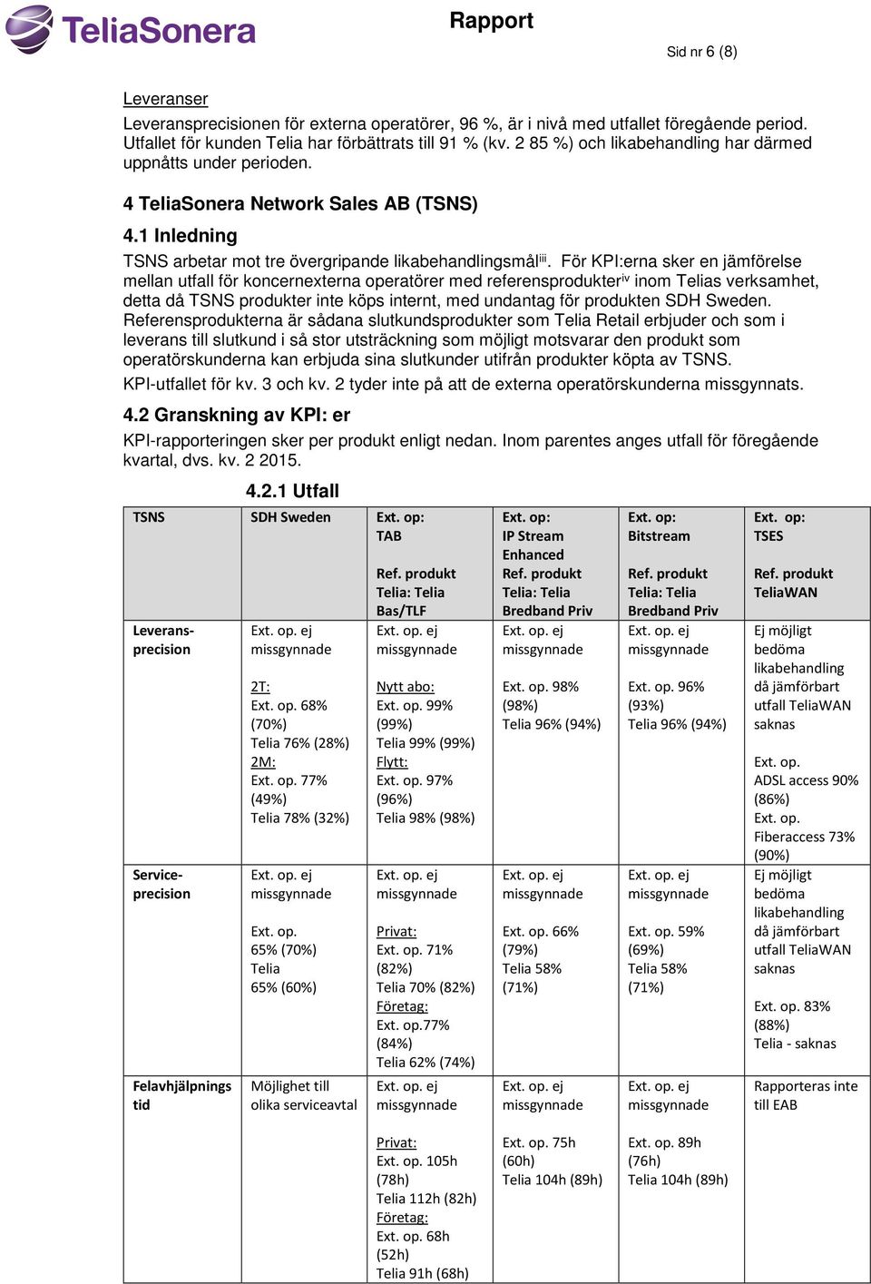 För KPI:erna sker en jämförelse mellan utfall för koncernexterna operatörer med referensprodukter iv inom Telias verksamhet, detta då TSNS produkter inte köps internt, med undantag för produkten SDH