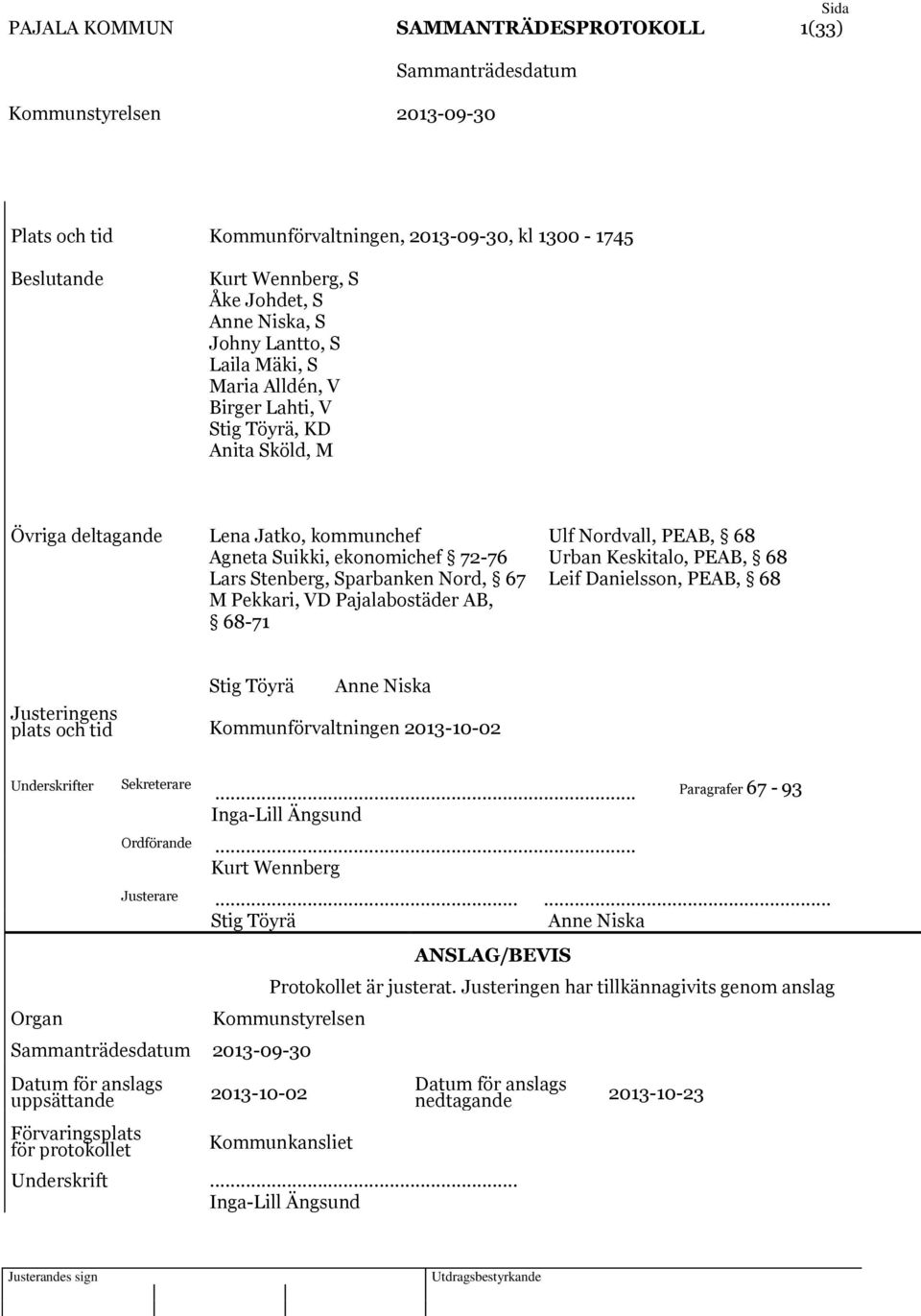 Nordvall, PEAB, 68 Urban Keskitalo, PEAB, 68 Leif Danielsson, PEAB, 68 Stig Töyrä Anne Niska Justeringens plats och tid Kommunförvaltningen 2013-10-02 Underskrifter Sekreterare.