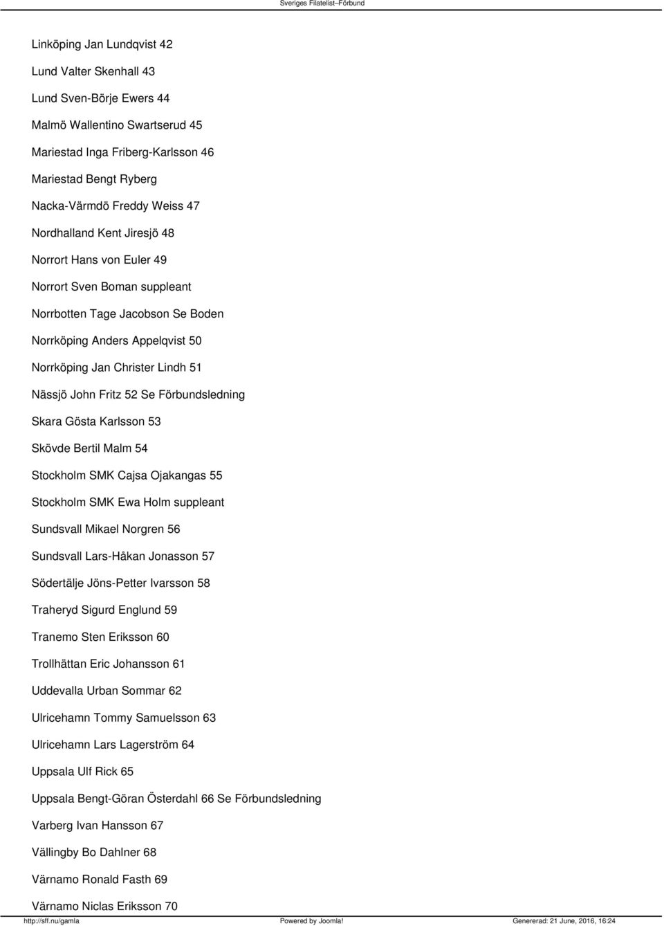 52 Se Förbundsledning Skara Gösta Karlsson 53 Skövde Bertil Malm 54 Stockholm SMK Cajsa Ojakangas 55 Stockholm SMK Ewa Holm suppleant Sundsvall Mikael Norgren 56 Sundsvall Lars-Håkan Jonasson 57