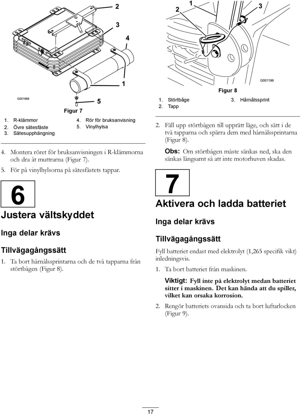 Fäll upp störtbågen till upprätt läge, och sätt i de två tapparna och spärra dem med hårnålssprintarna (Figur 8).