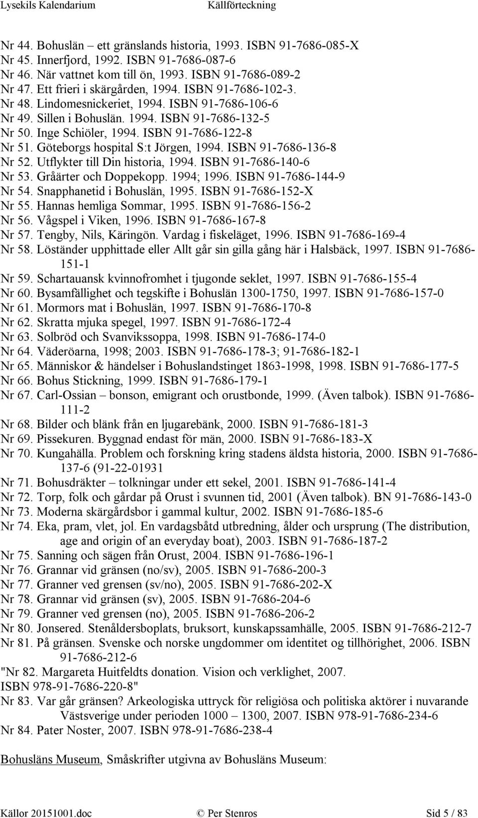 ISBN 91-7686-122-8 Nr 51. Göteborgs hospital S:t Jörgen, 1994. ISBN 91-7686-136-8 Nr 52. Utflykter till Din historia, 1994. ISBN 91-7686-140-6 Nr 53. Gråärter och Doppekopp. 1994; 1996.