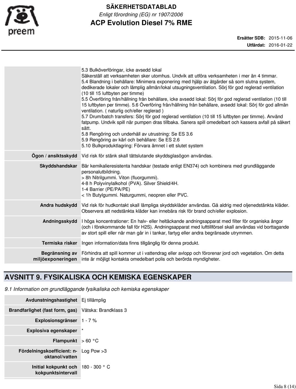 5.6 Överföring från/hällning från behållare, avsedd lokal: Sörj för god allmän ventilation. ( naturlig och/eller reglerad ) 5.