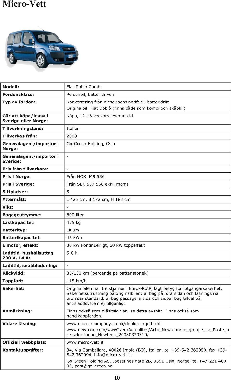 Italien Tillverkas från: 2008 Pris från tillverkare: GoGreen Holding, Oslo Pris i Från NOK 449 536 Pris i Sittplatser: 5 Bagageutrymme: Laddtid, hushållsuttag 230 Laddtid, snabbladdning: Från SEK 557