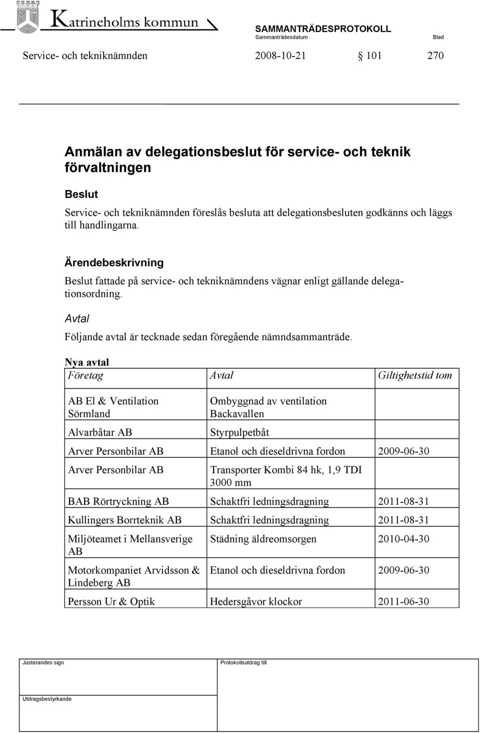 Avtal Följande avtal är tecknade sedan föregående nämndsammanträde.