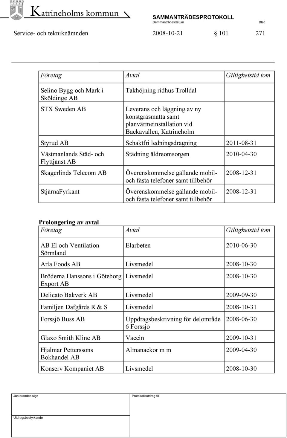 äldreomsorgen 2010-04-30 Överenskommelse gällande mobiloch fasta telefoner samt tillbehör Överenskommelse gällande mobiloch fasta telefoner samt tillbehör 2008-12-31 2008-12-31 Prolongering av avtal