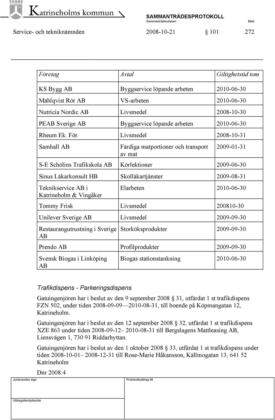 Livsmedel 2008-10-31 Samhall AB Färdiga matportioner och transport av mat 2009-01-31 S-E Schölins Trafikskola AB Körlektioner 2009-06-30 Sinus Läkarkonsult HB Skolläkartjänster 2009-08-31