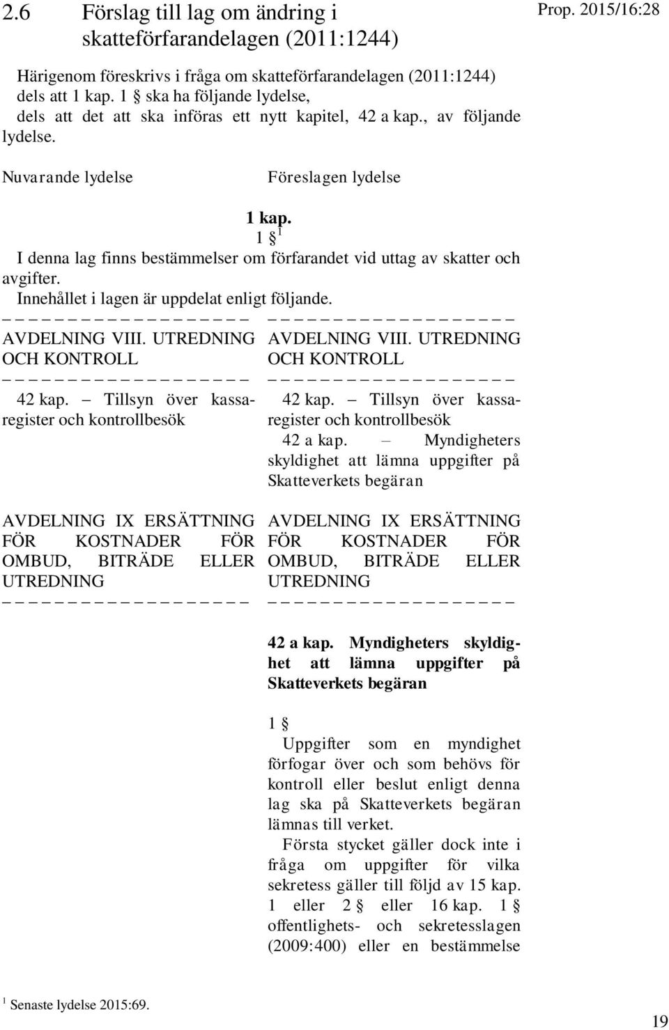 1 1 I denna lag finns bestämmelser om förfarandet vid uttag av skatter och avgifter. Innehållet i lagen är uppdelat enligt följande. AVDELNING VIII. UTREDNING OCH KONTROLL 42 kap.