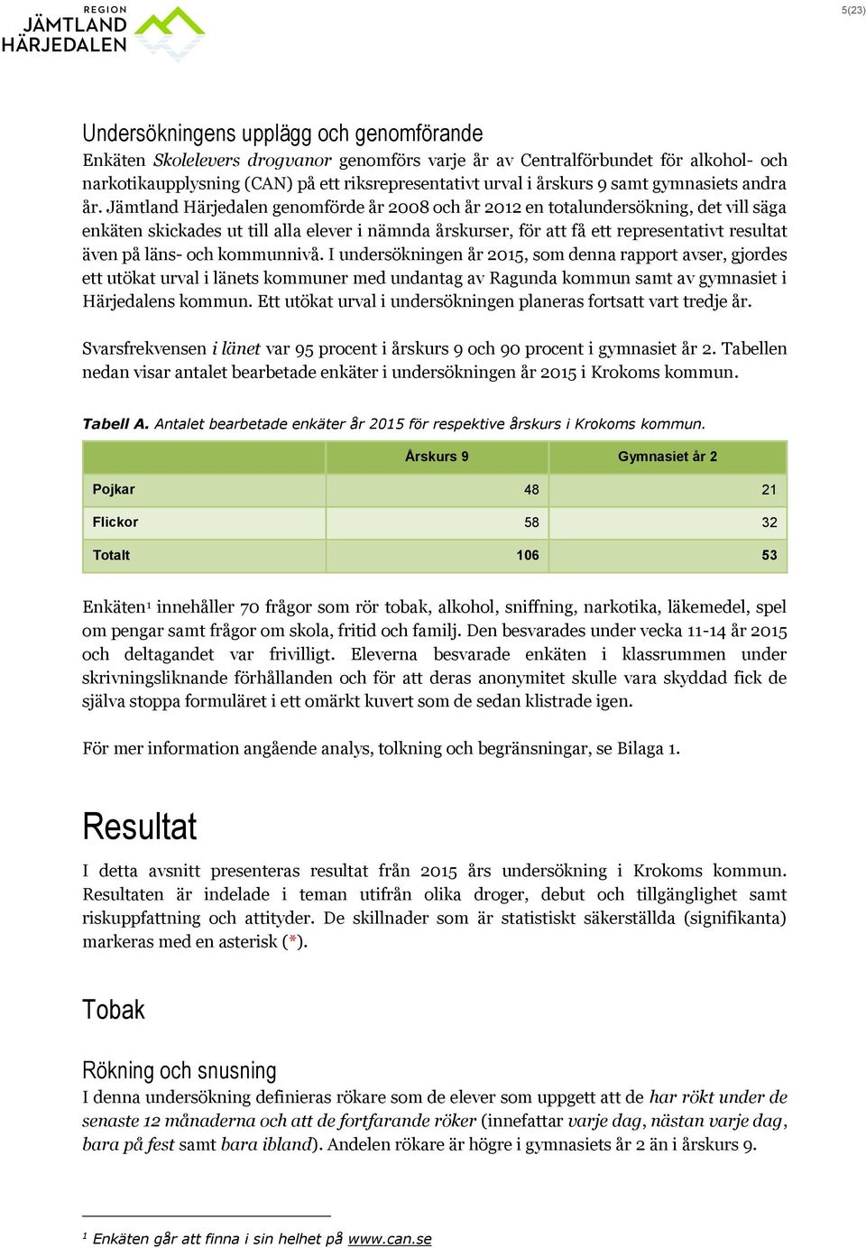 Jämtland Härjedalen genomförde år 2008 och år 2012 en totalundersökning, det vill säga enkäten skickades ut till alla elever i nämnda årskurser, för att få ett representativt resultat även på läns-