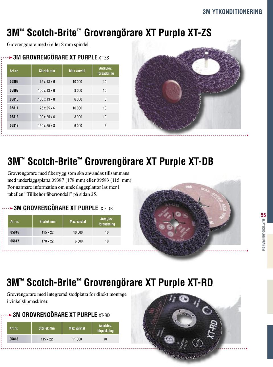 Scotch-Brite Grovrengörare XT Purple XT-DB Grovrengörare med fiberrygg som ska användas tillsammans med underläggsplatta 09387 (178 mm) eller 09583 (115 mm).