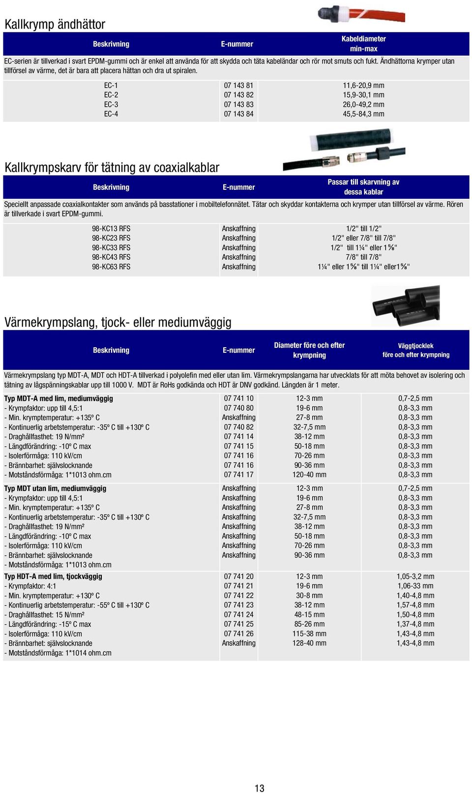 11,6-20,9 mm 15,9-30,1 mm 26,0-49,2 mm 45,5-84,3 mm Kallkrympskarv för tätning av coaxialkablar Passar till skarvning av dessa kablar Speciellt anpassade coaxialkontakter som används på basstationer