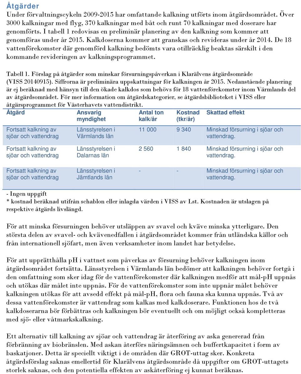 I tabell 1 redovisas en preliminär planering av den kalkning som kommer att genomföras under år 2015. Kalkdoserna kommer att granskas och revideras under år 2014.