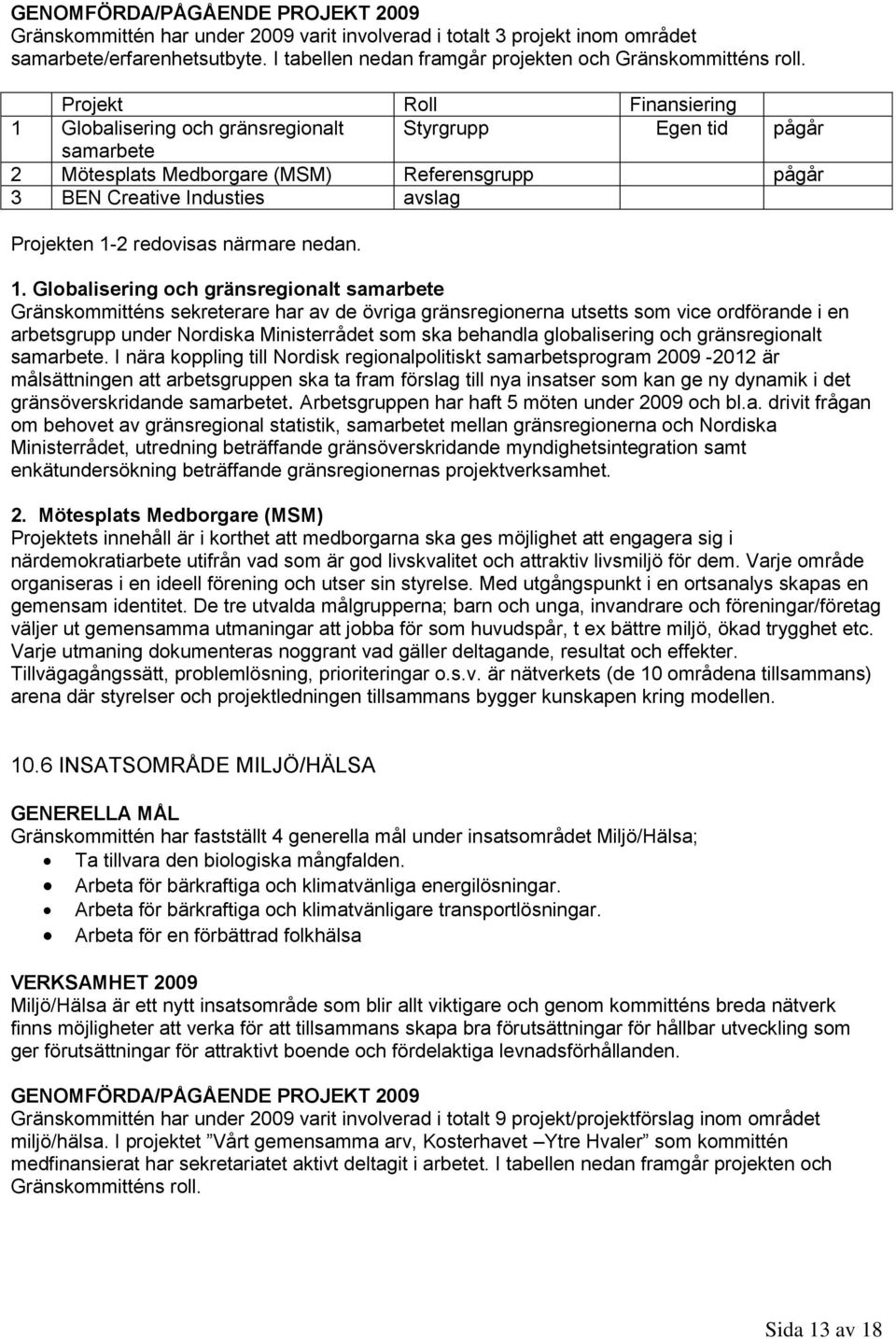 Projekt Roll Finansiering Globalisering och gränsregionalt Styrgrupp Egen tid pågår samarbete 2 Mötesplats Medborgare (MSM) Referensgrupp pågår 3 BEN Creative Industies avslag Projekten -2 redovisas