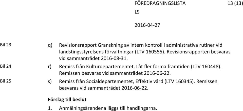 Bil 24 r) Remiss från Kulturdepartementet, Låt fler forma framtiden (LTV 160448). Remissen besvaras vid sammanträdet 2016 06 22.