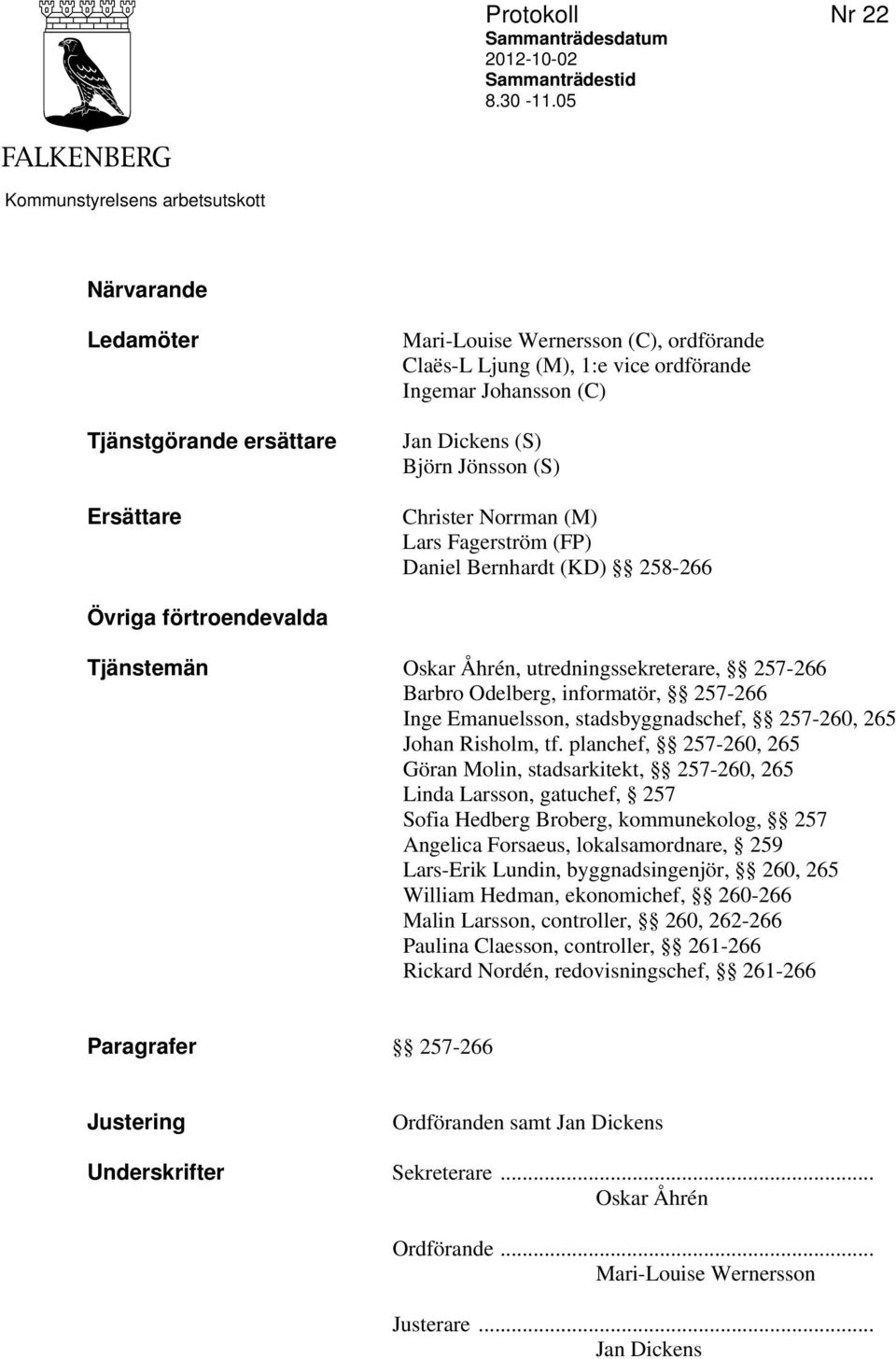 Dickens (S) Björn Jönsson (S) Christer Norrman (M) Lars Fagerström (FP) Daniel Bernhardt (KD) 258-266 Övriga förtroendevalda Tjänstemän Oskar Åhrén, utredningssekreterare, 257-266 Barbro Odelberg,