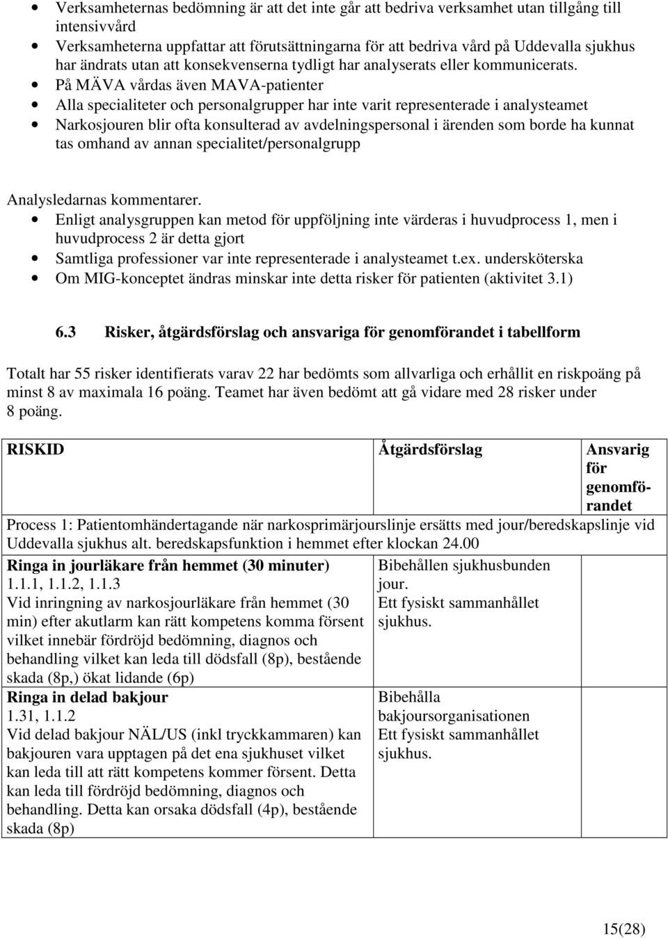 På MÄVA vårdas även MAVA-patienter Alla specialiteter och personalgrupper har inte varit representerade i analysteamet Narkosjouren blir ofta konsulterad av avdelningspersonal i ärenden som borde ha