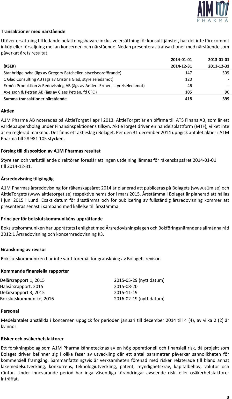 2014-01-01 2013-01-01 (KSEK) 2014-12-31 2013-12-31 Stanbridge bvba (ägs av Gregory Batcheller, styrelseordförande) 147 309 C Glad Consulting AB (ägs av Cristina Glad, styrelseledamot) 120 - Ermén