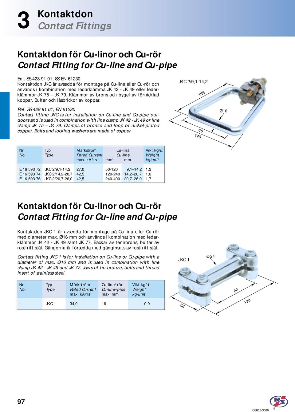 Contact fitting JKC is for installation on Cu-line and Cu-pipe outdoors and is used in combination with line clamp JK 42 - JK 49 or line clamp JK 75 JK 79.