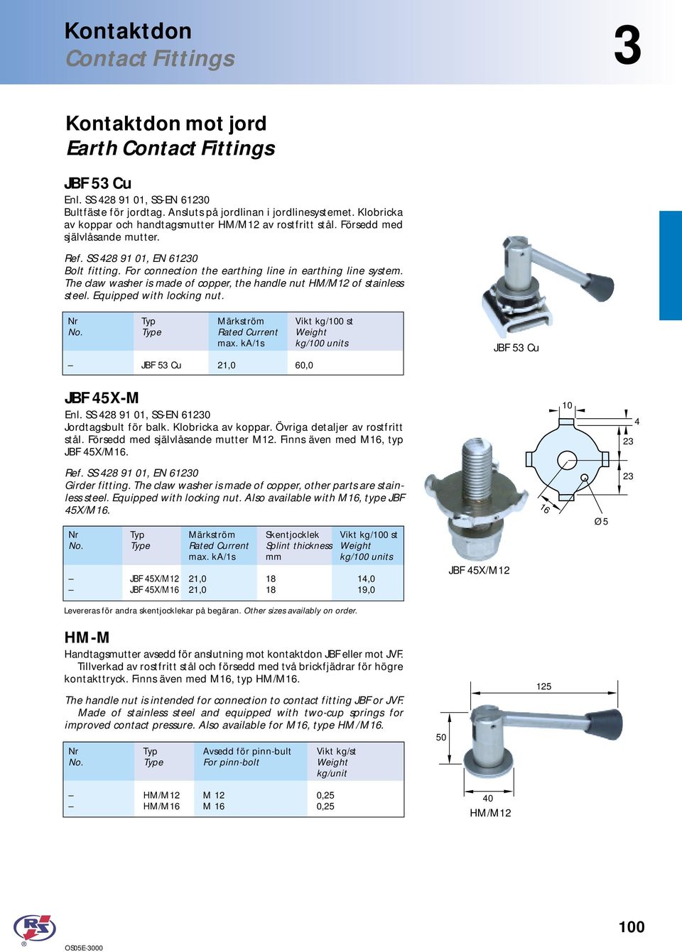 Equipped with locking nut. Nr Typ Märkström Vikt kg/100 st No. Type Rated Current Weight max. ka/1s kg/100 units JBF 53 Cu 21,0 60,0 JBF 53 Cu JBF X-M Jordtagsbult för balk. Klobricka av koppar.