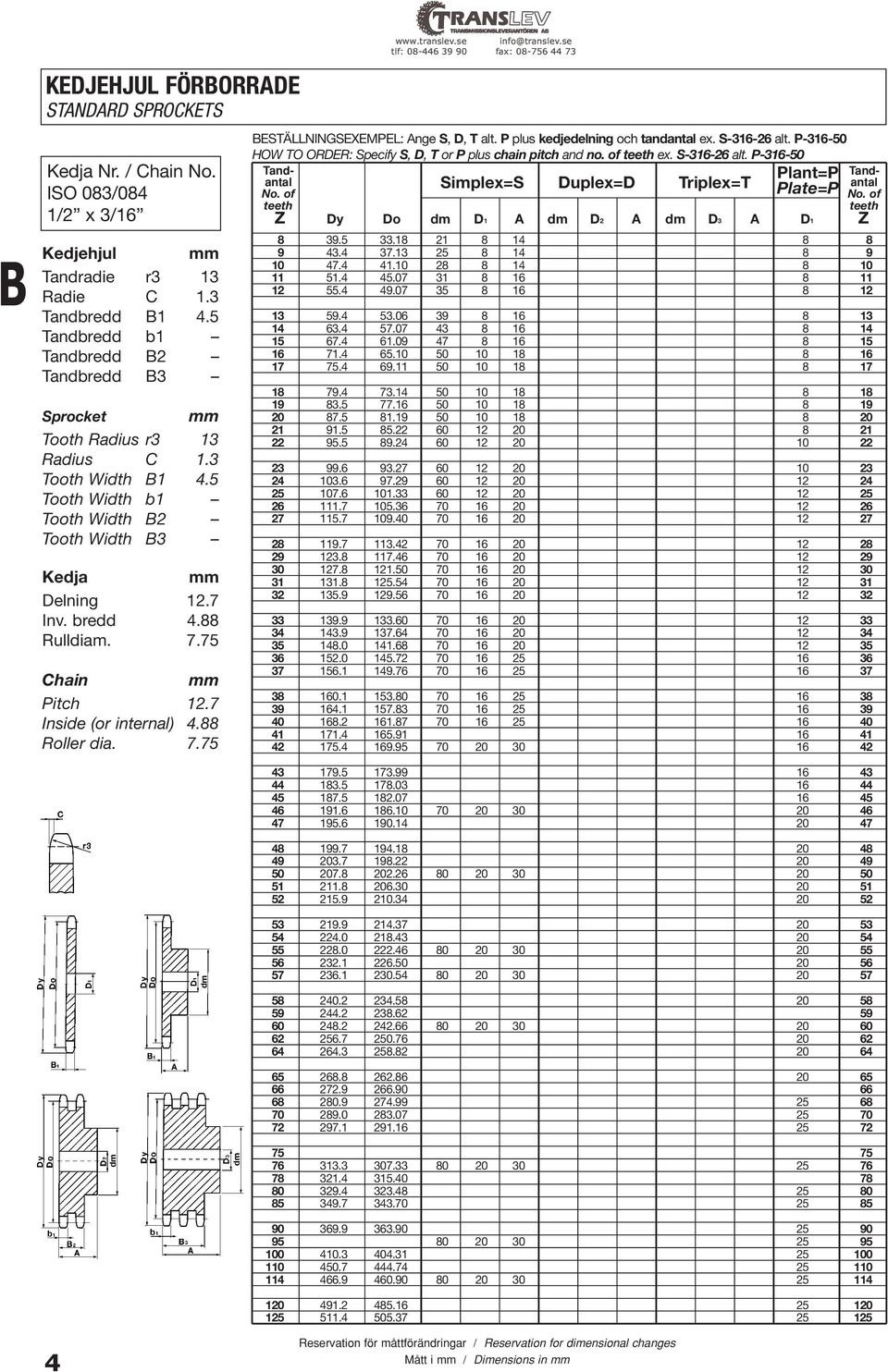 75 Chain Pitch 12.7 Inside (or internal) 4.88 Roller dia. 7.75 ESTÄLLNINGSEXEMPEL: Ange S, D, T alt. P plus kedjedelning och tandantal ex. S-316-26 alt.