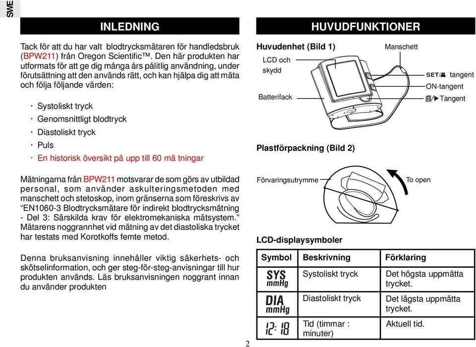 Genomsnittligt blodtryck Diastoliskt tryck Puls En historisk översikt på upp till 60 mä tningar Huvudenhet (Bild 1) LCD och skydd Batterifack Plastförpackning (Bild 2) Manschett SET/ tangent