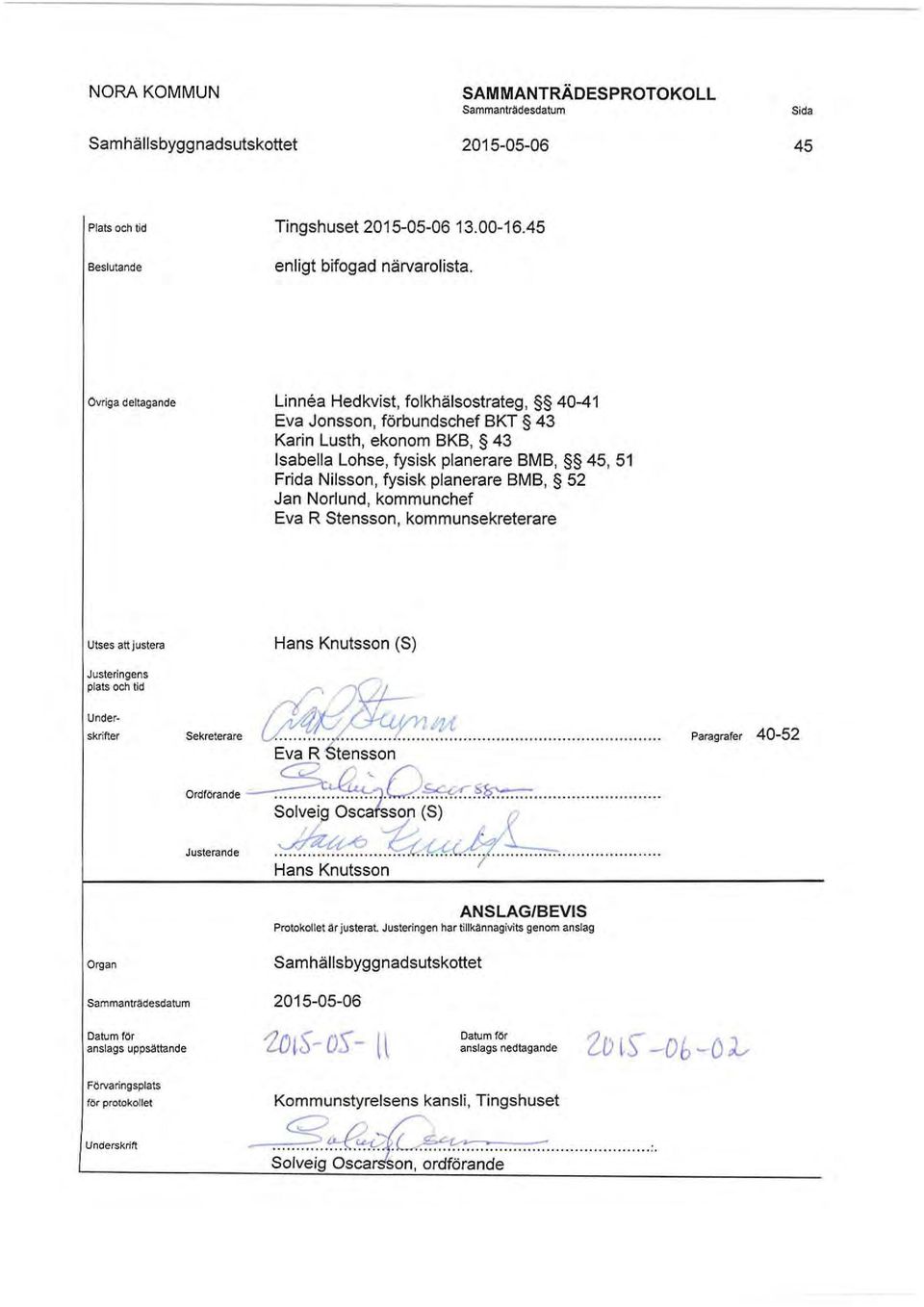 BMB, 52 Jan Noriund, kommunchef Eva R Stensson, kommunsekreterare Utses att justera Justeringens plats och tid Underskrifter Sekreterare @:J.I7:!:. Hans Knutsson (S)..............".