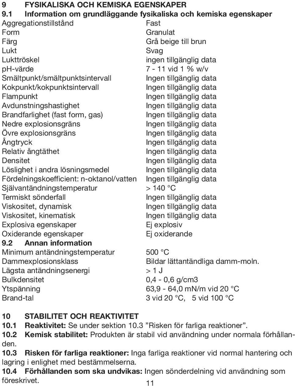 w/v Smältpunkt/smältpunktsintervall Kokpunkt/kokpunktsintervall Flampunkt Avdunstningshastighet Brandfarlighet (fast form, gas) Nedre explosionsgräns Övre explosionsgräns Ångtryck Relativ ångtäthet