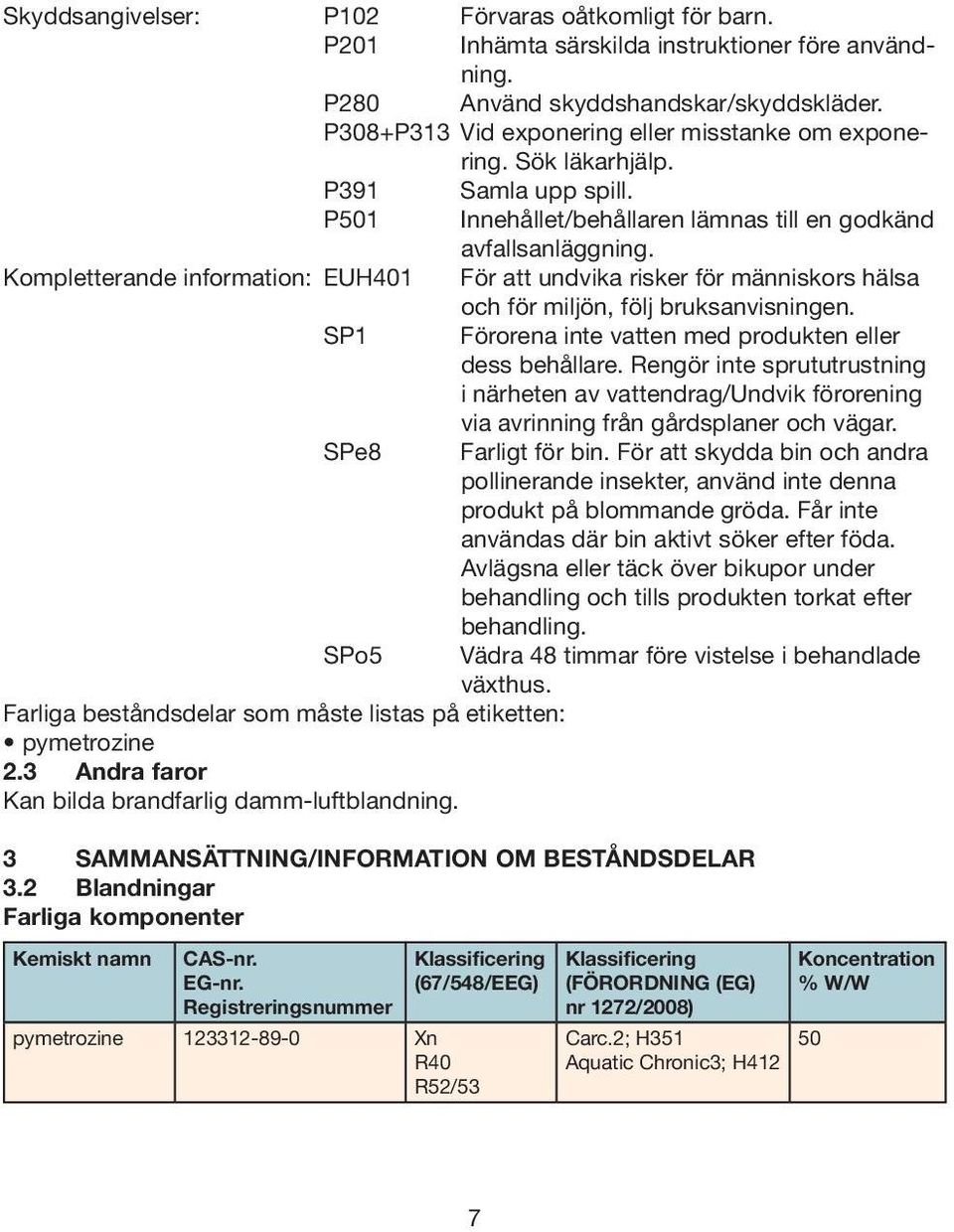 Kompletterande information: EUH401 För att undvika risker för människors hälsa och för miljön, följ bruksanvisningen. SP1 Förorena inte vatten med produkten eller dess behållare.