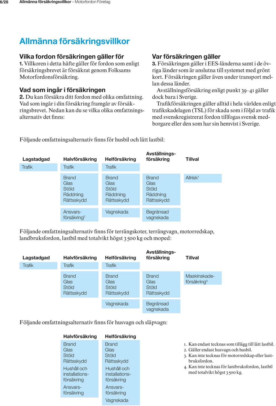 Du kan försäkra ditt fordon med olika omfattning. Vad som ingår i din försäkring framgår av försäkringsbrevet. Nedan kan du se vilka olika omfattningsalternativ det finns: Var försäkringen gäller 3.