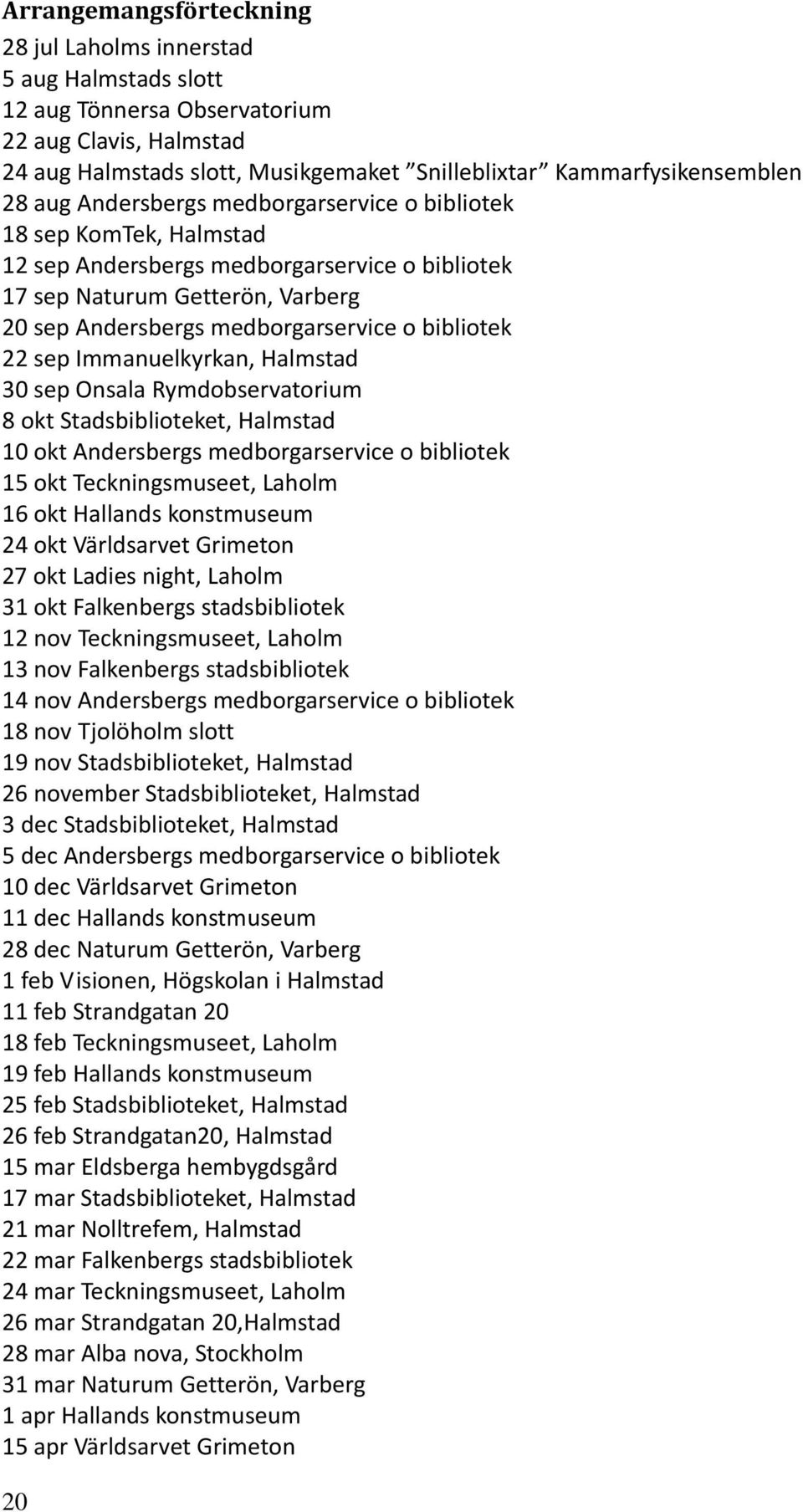 22 sep Immanuelkyrkan, Halmstad 30 sep Onsala Rymdobservatorium 8 okt Stadsbiblioteket, Halmstad 10 okt Andersbergs medborgarservice o bibliotek 15 okt Teckningsmuseet, Laholm 16 okt Hallands