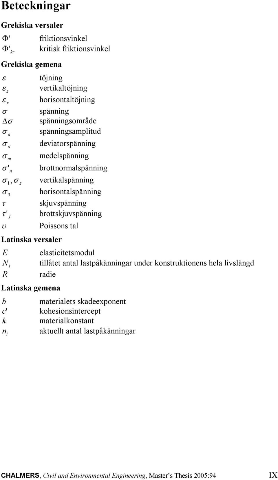 ' brottskjuvspänning f υ Poissons tal Latinska versaler E N R i Latinska gemena b c ' k n i elasticitetsmodul tillåtet antal lastpåkänningar under konstruktionens hela